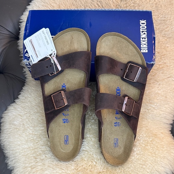 NEW Birkenstock ARIZONA Dk Brown Leather Sandal w/Adjustable Straps Softbed sz12 - Picture 1 of 16